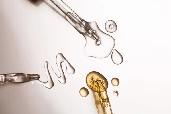 Many glass pipettes spilling drops of different moisturizing lotions on luxury silver background. Polyglutamic acid is new hyaluronic acid. Macro photography