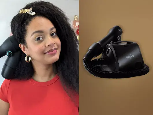 A close-up of a person before and after styling their hair with the RevAir Reverse-Air Dryer