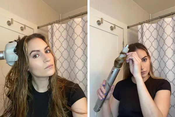 Side by side photos of a person drying their hair with the Shark FlexSyle air styling system