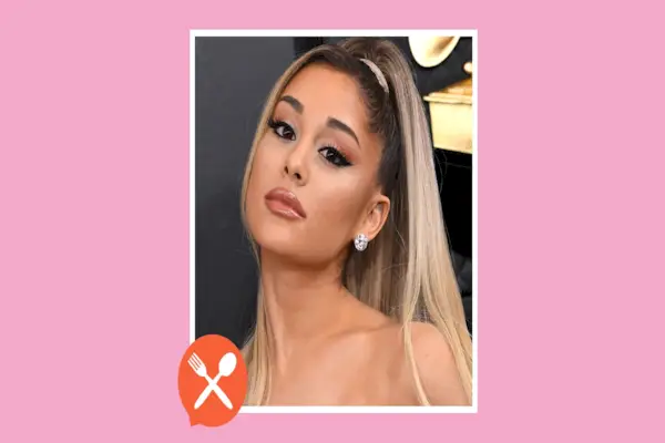 headshot of singer Ariana Grande on pink background