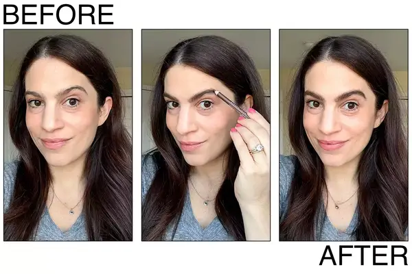 A person before and after using the NYX Powder Louder Brow Powder Pencil