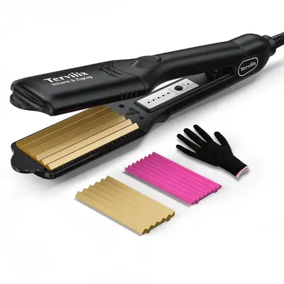 Hair crimper with extra metal plates and glove displayed