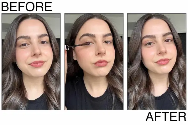 before and after of a person applying glossier lash slick mascara