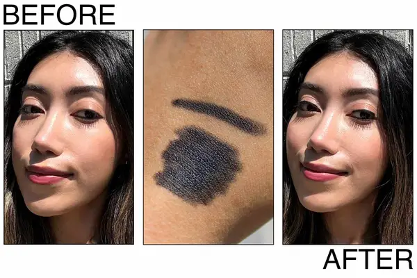 A person before and after using the swatched black Urban Decay 24/7 Glide-On Waterproof Eyeliner Pencil