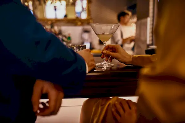 Close-up of elegant couple having a drink at the counter in a bar