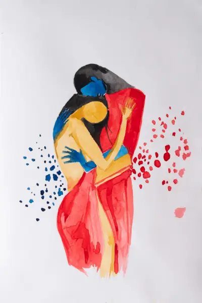 Abstract watercolor painting of romantic couple in love, embracing each other with passion, white background.
