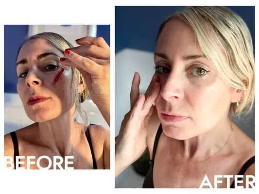 Model testing out skincare products