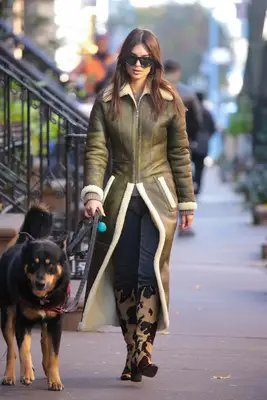 Emily Ratajkowski walking her dog in skinny jeans