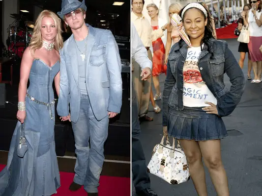 Britney Spears and Justin Timberlake wearing all-denim outfits and Raven Symone wearing denim jacket and pleated skirt