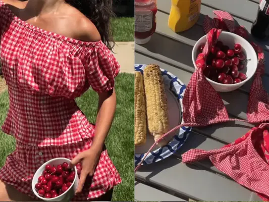 model wearing a blue gingham dress