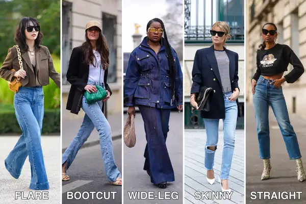 Five different women wearing different styles of jeans
