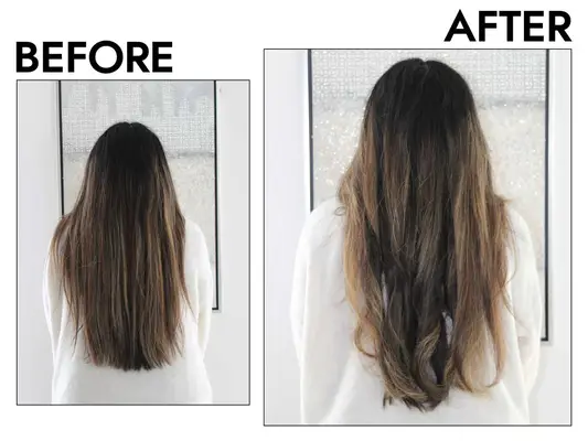The author before and after using the Mane Hot Brush