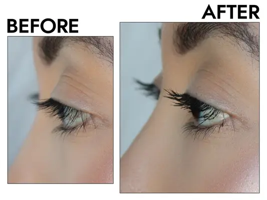 A close up of the author before and after applying Lash XTNDR Mascara