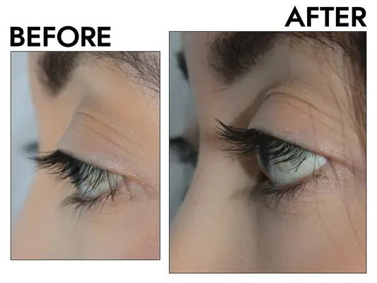 A close up of the author before and after applying Lash