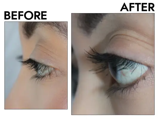 A close up of the author before and after applying Big Mood Mascara