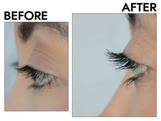 A close up of the author before and after applying Lash It Loud Mascara