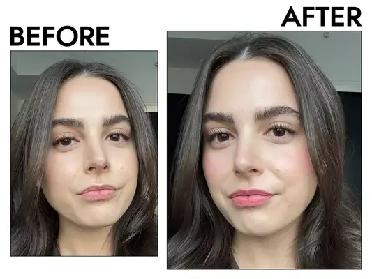 A person before and after applying the Milk Makeup Tints