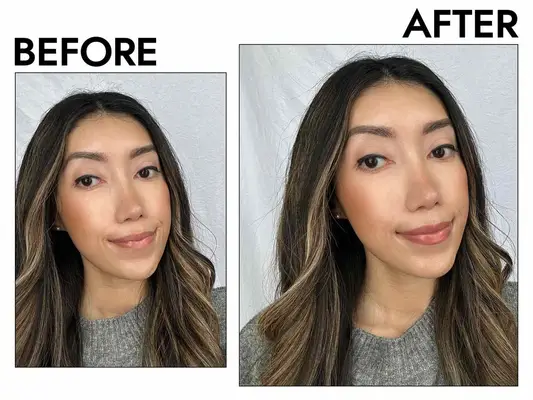 The author before and after applying the Super Lustrous Lipstick