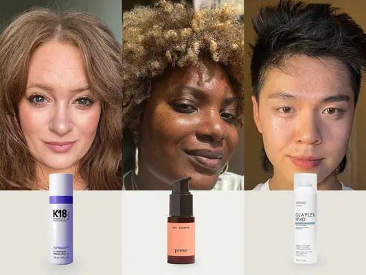 Dry Shampoos 3 Way - woman with red hair, woman with blond hair and man with black hair wearing different dry shampoos