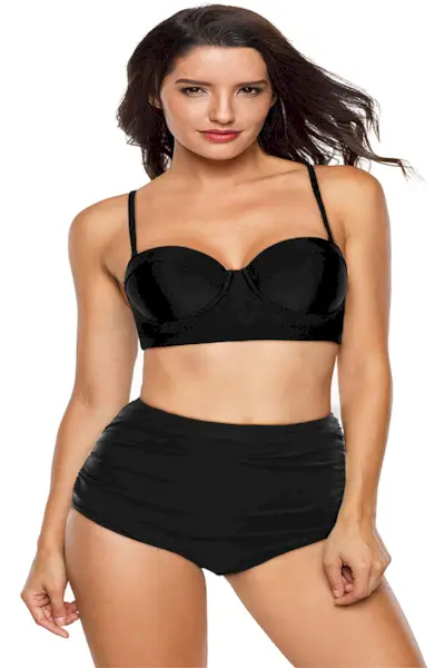 Angerella Maillot de bain deux pièces noir pour femme, taille haute, contrôle du ventre, S