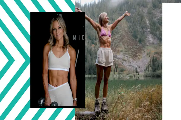 Two images of a female fitness enthusiast one with weights and one in nature
