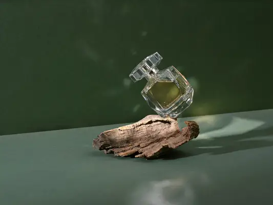 A bottle of perfume stands on a natural piece of tree on a green background with shadows.