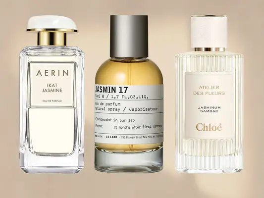 collage of Jasmine perfumes we recommend including picks by Aerin, Le Labo, and Chloé on a beige background