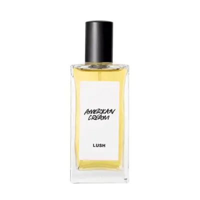 Yellow and white label on square perfume bottle