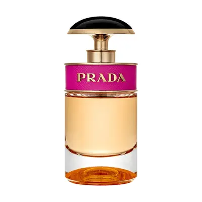 Black, gold, and bright pink Prada perfume bottle