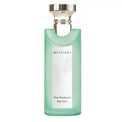 Sheer teal perfume bottle with gold cap