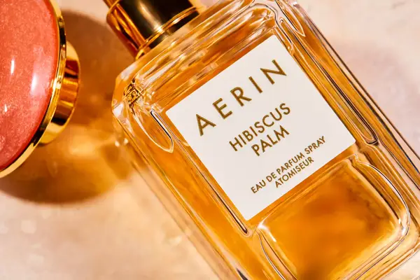 A closeup of the AERIN Hibiscus Palm Eau de Parfum label