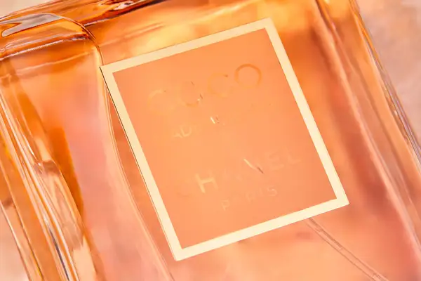 A closeup of the label on a bottle of Chanel Coco Mademoiselle perfume