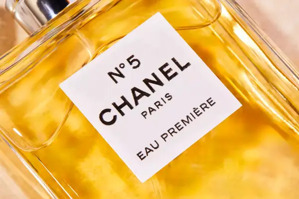 A closeup of the label on a bottle of Chanel No. 5 Eau de Parfum