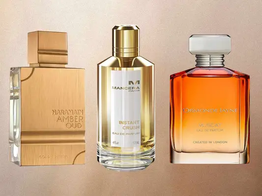 Collage of perfumes similar to Baccarat Rouge 540, including Ormonde Jayne Muscat and Mancera Instant Crush