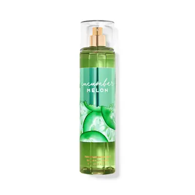 A bottle labeled Cucumber Melon body mist with spray nozzle