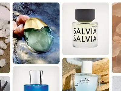 A collage of various bottles of perfume