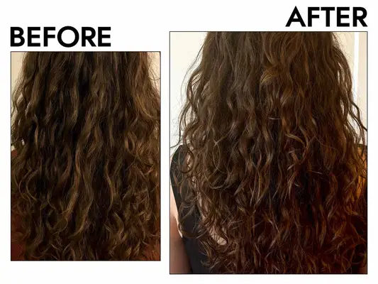A before and after photo showing the effects of using Ouidad Moisture Lock Leave-In Conditioner