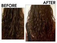 A before and after photo showing the effects of using Ouidad Moisture Lock Leave-In Conditioner