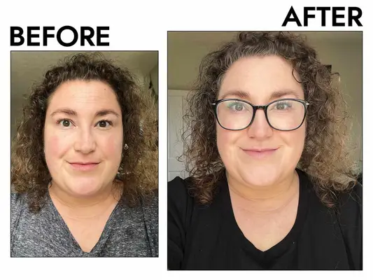 A before and after photo showing the effects of using R+Co SUN CATCHER Power C Boosting Leave-In Conditioner