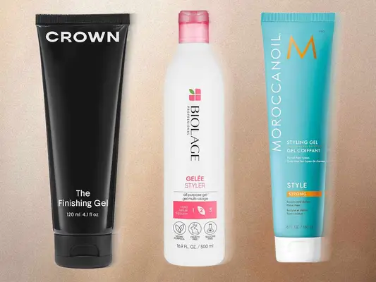 Collage of the Crown Affair The Flexible Hold Finishing Hair Gel, Biolage Styling Gelée, and Moroccanoil Styling Gel on a brown background
