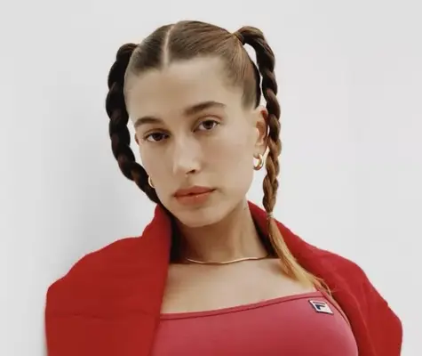 Hailey Bieber wearing rope braid pigtails