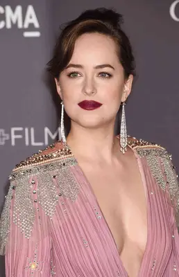 Dakota Johnson attends a LACMA event wearing a dark red lip, swooped side bangs and a casual updo