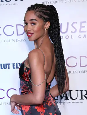 Laura Harrier with long braided hair in a ponytail at the 2019 RCGD Celebration in Beverly Hills, California