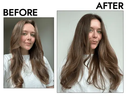 before and after photo of byrdie editor holly rhue using blake lively haircare