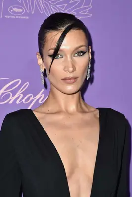Close up of Bella Hadid at the Cannes Film Festival, hair slicked back