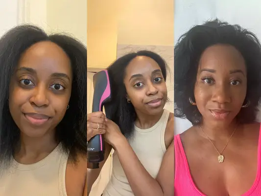 A before and after of a MYM Beauty editor after testing a blow dryer for natural hair
