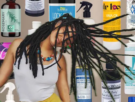 Person flipping their hair in front of a collage of products for dreadlocks and locs