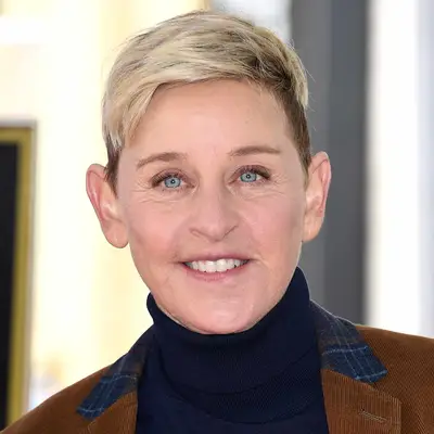 Ellen DeGeneres wears a blonde tousled pixie hairstyle