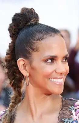 Halle Berry wearing a high braided ponytail