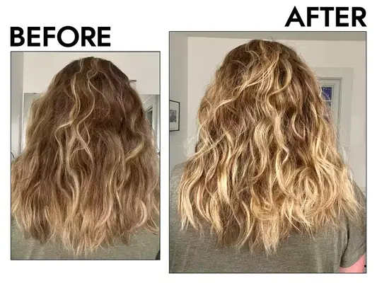 Photos of person’s hair before and after using K18 Peptide Prep pH Maintenance Shampoo